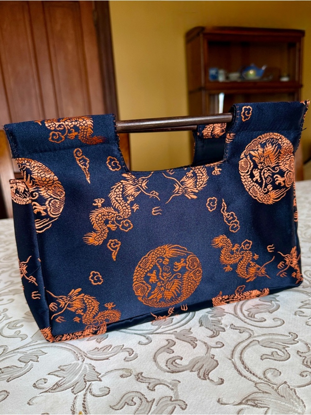 Navy and Orange Dragon Print  Handbag by Wa Bags.